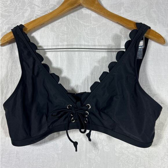 Cute Goth Bikini Top Large Black Lace Up Front Scalloped Crop - Picture 1 of 5